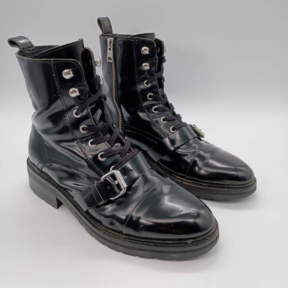 AllSaints Donita Womens Black Patent Leather Combat Boots Buckle Zip EU 39 US 9